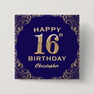 16. Geburtstagsparty Navy Blue and Gold Glitzer Button