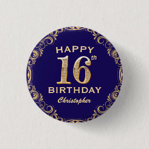 16. Geburtstagsparty Navy Blue and Gold Glitzer Button
