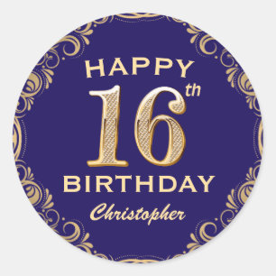 16. Geburtstagsparty Navy Blue and Gold Glitzer Runder Aufkleber