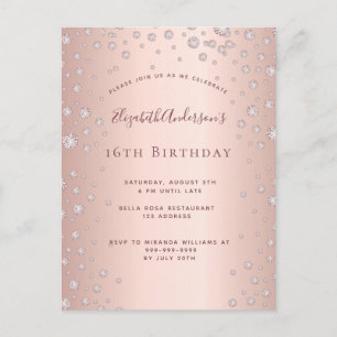 16. Geburtstagsparty Rose Gold Diamond Einladung Postkarte