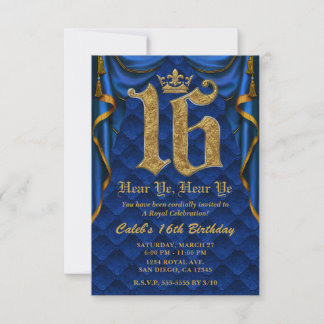 16. Geburtstagsparty Royal Blue Gold Crown Einladung