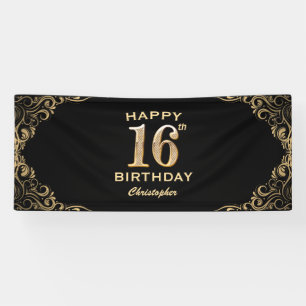 16. Geburtstagsparty Schwarz und Gold Glitzer Fram Banner