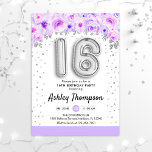16. Geburtstagsparty - Silberballons Lila<br><div class="desc">16. Geburtstagsfeier Einladung. Elegantes Design in Imitaten Glitzer Silber mit Blumenakzent. Einladende Karte mit Silber-Nummer 16 Ballons,  Script-Schriftart mit Konfetti. Pastel lila,  Lavendel und Weiß. Ideal für eine stilvolle sechzehnte Feier. Nachricht,  wenn du ein Alter brauchst.</div>
