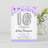 16. Geburtstagsparty - Silberballons Lila Einladung (Stehend Vorderseite)