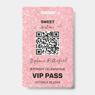 16 Geburtstagsparty VIP PASS Pink Glitzer Ausweis