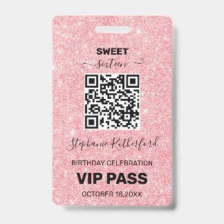 16 Geburtstagsparty VIP PASS Pink Glitzer Ausweis