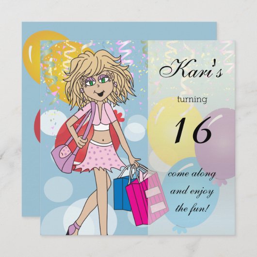 16. Girls Birthday Party Einladung (Vorne/Hinten)