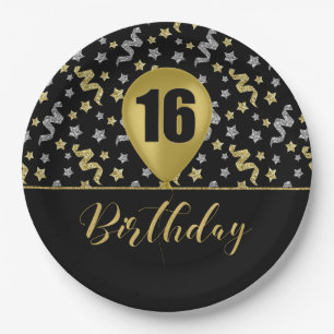 16 Gold Geburtstagsballon auf Black Gold Confetti Pappteller