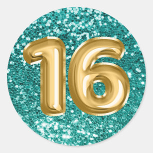 16 Goldfolien-Ballons Funkelnde Türkis Glitter Runder Aufkleber
