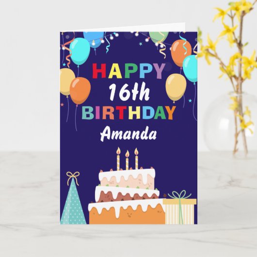 16. Happy Birthday Balloons Cake Navy Blue Karte (Gelbe Blume)