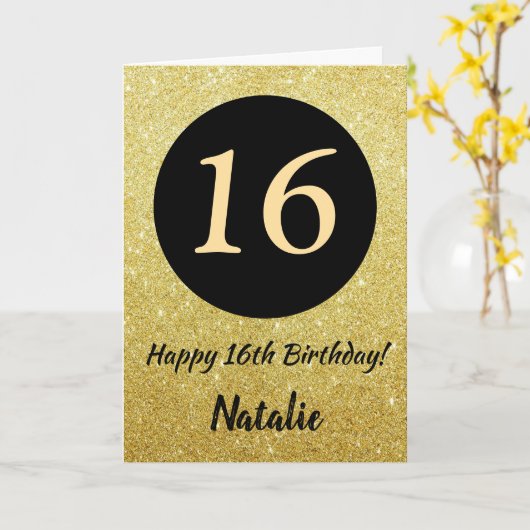 16. Happy Birthday Black and Gold Glitzer Card Karte (Gelbe Blume)