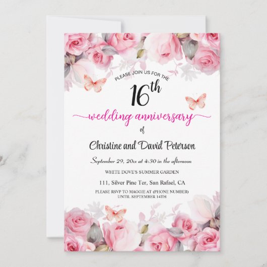 16. Hochzeitstag Elegante Rose Einladung (Vorderseite)
