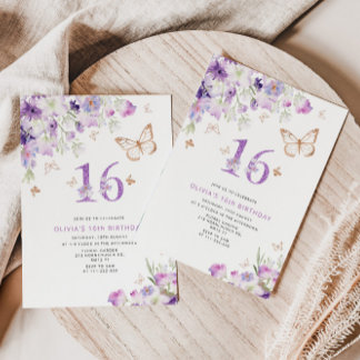 16. Lila Lilac Butterflies Geburtstag Einladung