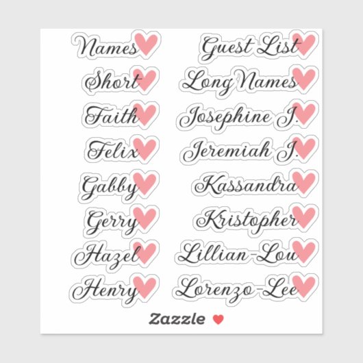 16 Namen Custom Guest List Calligraphy Peach Heart Aufkleber (Blatt)