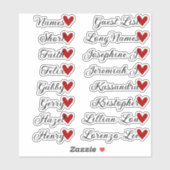 16 Namen Custom Guest List Calligraphy Red Heart Aufkleber (Blatt)