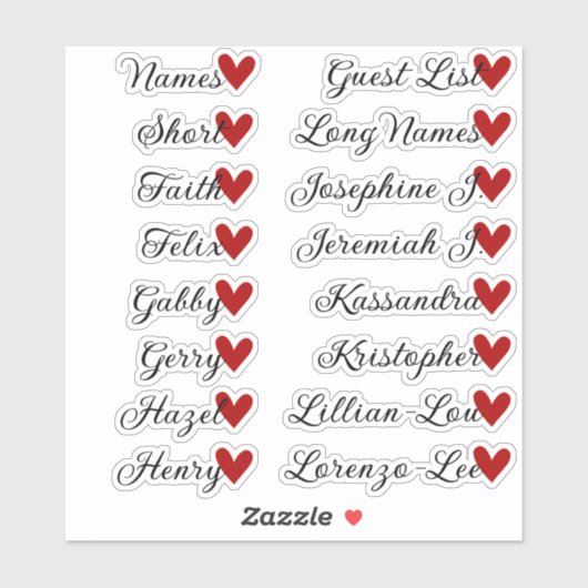 16 Namen Custom Guest List Calligraphy Red Heart Aufkleber (Blatt)