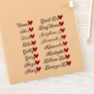 16 Namen Custom Guest List Calligraphy Red Heart Aufkleber