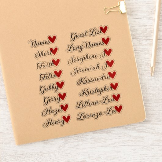 16 Namen Custom Guest List Calligraphy Red Heart Aufkleber (Notizbuch)