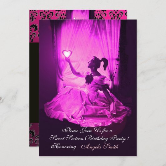 16 PARTY, VIOLET FUCHSIA SCHWARZER DAMASK EINLADUNG (Vorne/Hinten)
