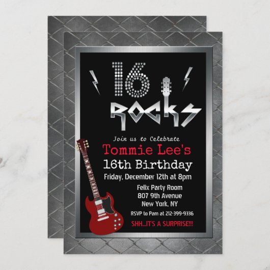 16 Rocks Rockstar Gitarre 16. Geburtstag Einladung (Vorne/Hinten)