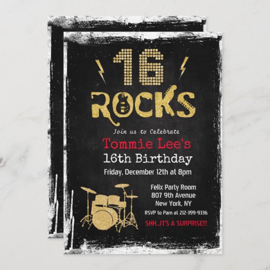 16 Rocks Rockstar Gitarre 16. Geburtstag Einladung (Vorne/Hinten)