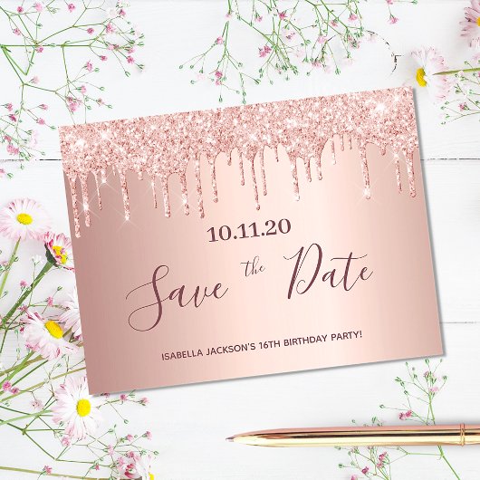 16. Rose Gold Glitzer Save the Date Postkarte