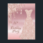 16. Rose Gold Glitzer Tropfen Einladung Postkarte<br><div class="desc">Elegante, klassische, glamouröse und mädchenhafte Party Einladung. Eine Rose goldenes Kleid und Rose Gold Glitzer Tropfen, Farbe Tropfen aussehen. Rose Gold Imitate metallisch aussehend Hintergrund. Mit dem Text: 16. Geburtstagsparty vorne geschrieben mit einer modernen dunklen Rose mit handgeschriebenen Schriften. Fügen Sie Ihre Veranstaltungsdetails auf der Rückseite hinzu. Tipp: Wenn Sie...</div>
