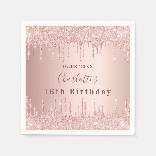 16. Rose Gold Glitzer Tropfen Monogramm Serviette (Vorderseite)