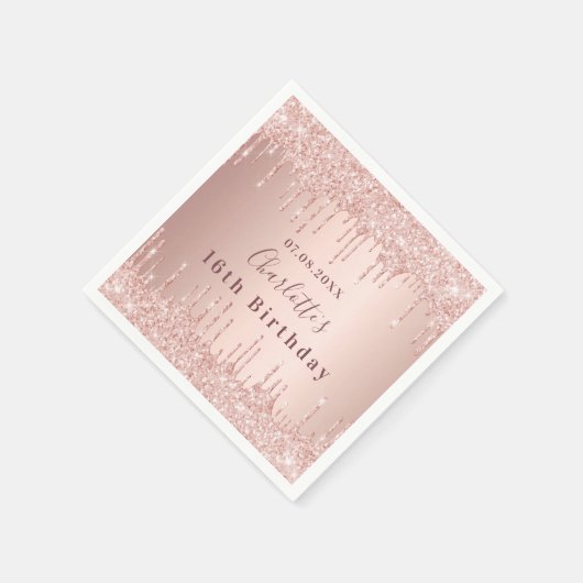 16. Rose Gold Glitzer Tropfen Monogramm Serviette (Ecke)