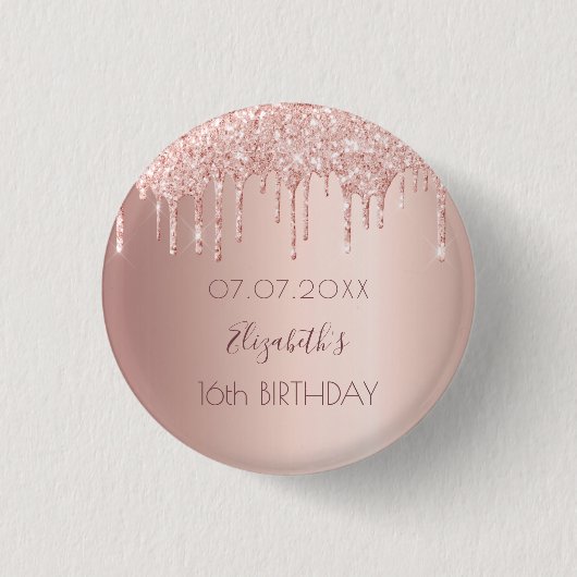 16. Rose Gold Glitzer Tropfen Name Button (Vorderseite)