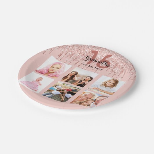 16. Rose Gold Rosa Foto Pappteller (Schrägansicht)