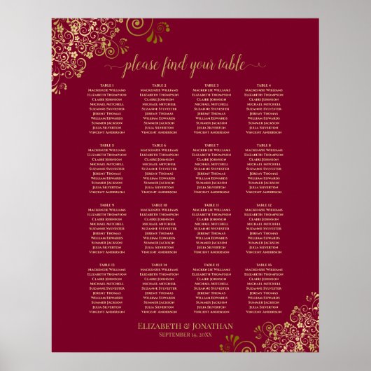 16 Tabelle Elegant Burgund & Gold Seating Chart Poster (Vorne)