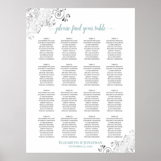 16 Tabelle Frily Wedding Seating Chart Weiß & Aqua Poster (Vorne)