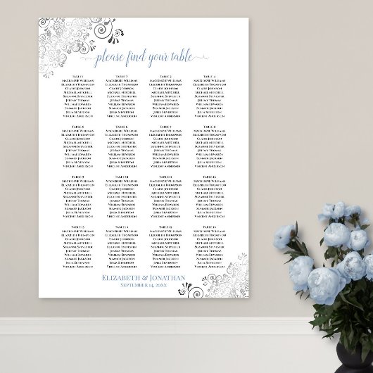 16 Tabelle Frily Wedding Seating Chart White & Blu Poster
