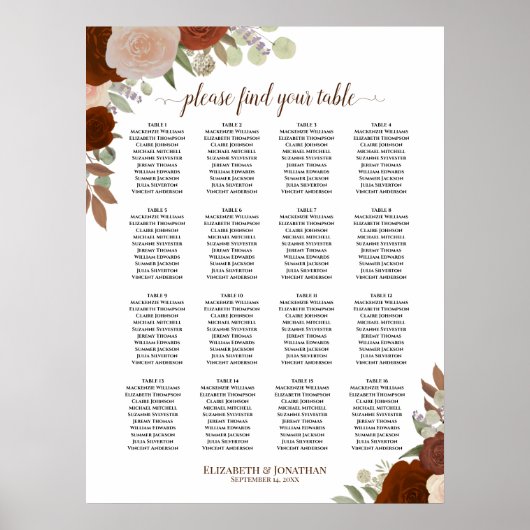 16 Tabelle Herbst floraler Boho Hochzeitsdiagramm Poster (Vorne)