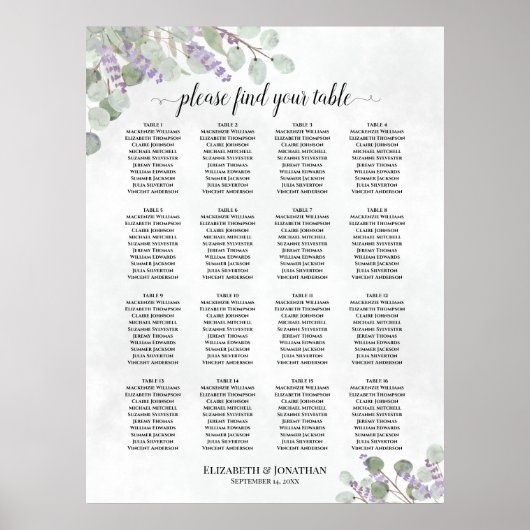16 Tabelle Hochzeitskarte Eukalyptus Lavendel Poster (Vorne)