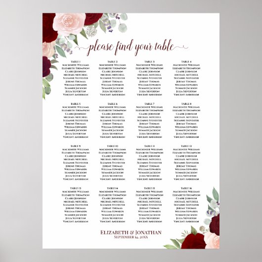 16 Tabelle Rot-Rosa-Blütensitzkarte Poster (Vorne)