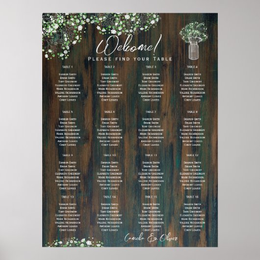 16 Tabelle Rustikales Holz Gypsophila SITZENDEN ZE Poster (Vorne)