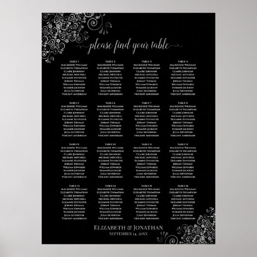 16 Tabelle Silver Frills Black Wedding Seating Cha Poster (Vorne)