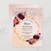 16 th birthday florals rose gold glitter Einladung Postkarte (Vorne/Hinten)