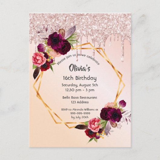 16 th birthday florals rose gold glitter Einladung Postkarte (Vorderseite)