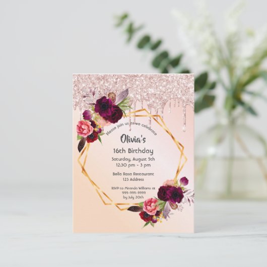 16 th birthday florals rose gold glitter Einladung Postkarte (Stehend Vorderseite)
