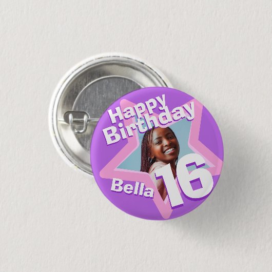 16 th Birthday Foto fun purple pink button/badge Button (Vorne & Hinten)