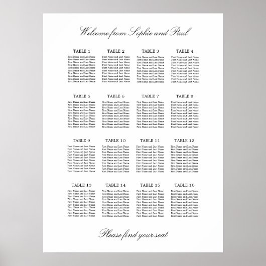 16 Tisch Eleganter Minimalistischer Sitzplan Poster (Vorne)