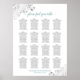 16 Tisch Hochzeit Sitzordnung Chart Weiß & Türkis Poster
