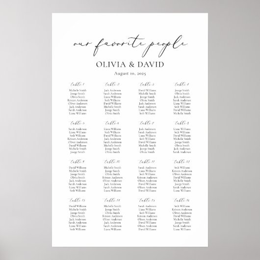 16 Tische einfach unsere Lieblings-Sitzkarte Poster (Vorne)
