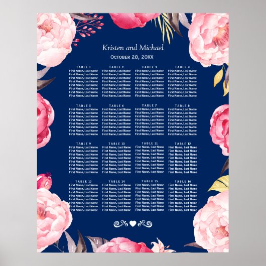 16 Tische Rosa Blumenkreide Hochzeitstabelle Poster (Vorne)