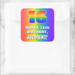 16th Birthday: Colorful, Fun Rainbow Pattern # 16 Quadratischer Aufkleber<br><div class="desc">This fun and joyful birthday themed square sticker design features a large number “16” with a colorful rainbow spectrum inspired gradient pattern, along with the message “HAPPY 16th BIRTHDAY, ”, and a customizable recipient name. The background also features a vibrant multicolored rainbow spectrum inspired gradient pattern. Fun, cheerful, personalized stickers...</div>