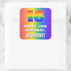 16th Birthday: Colorful, Fun Rainbow Pattern # 16 Quadratischer Aufkleber