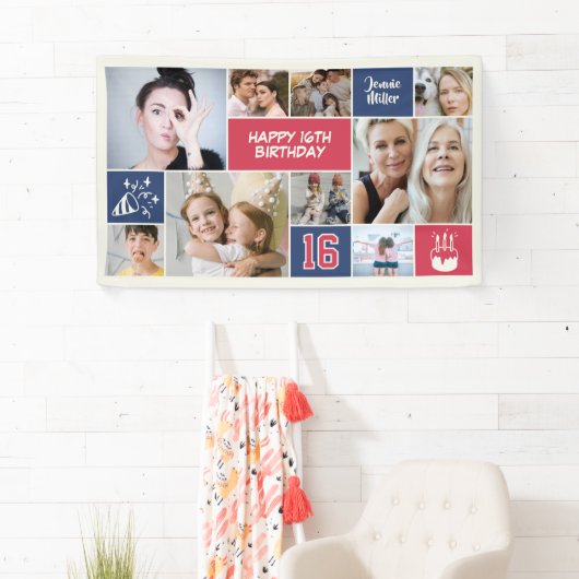 16th Birthday Custom Photo Collage Red Blue Banner (Insitu)